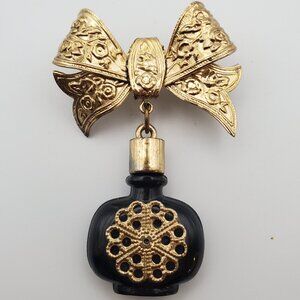 Vintage Ornate Gold Metal Bow w/ Dangling Black Glass Perfume Bottle Brooch Pin